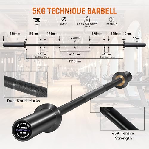 EVERYMATE 5LB Mini Barbell Bar Beginner Women Kid Barbell Total Body Workout Weighted Bar,for Strength Training, for Youth Children New Weightlifting - color: Black Sleeves Black Bar, size: 5KG Technique Barbell