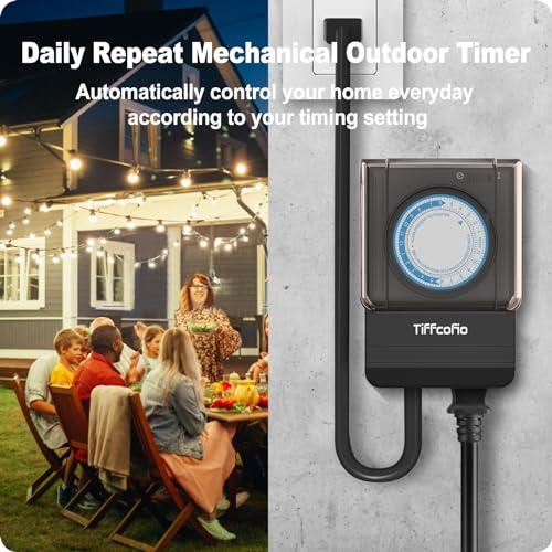 TiFFCOFiO Outdoor Timer Outlet Waterproof, 24 Hour Mechanical Light Timer Outdoor, 2 Grounded Outlets for Home and Garden, 15A 1/2HP, Heavy Duty, ETL Listed (15 Min Interval)