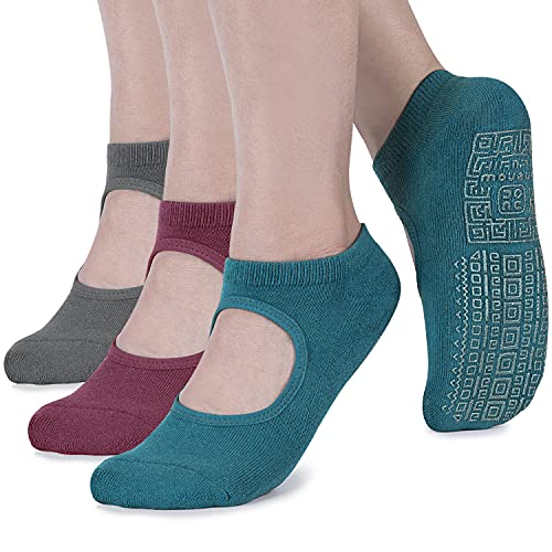 unenow Non Slip Grip Yoga Socks for Women with Cushion for Pilates, Barre, Home - color: 3 Pairs-purple/Dark Grey/Blue