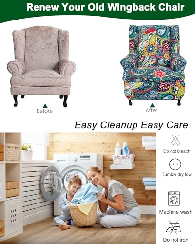 CRFATOP 2 Piece Stretch Wingback Chair Cover Printed Wing Chair Slipcovers Spandex Fabric Wingback Armchair Covers with Elastic Bottom for Living Room Bedroom Wingback Chair,C15 - color: Color C15