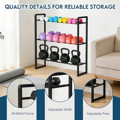 3 Tier Dumbbell Rack, 330 lb Capacity Weight Rack for Home Gym, Stand Only | Adjustable 3.4-7.8 in. Spacing fits Dumbbells & Kettlebells, Stable Metal Construction, Leveling Feet, Easy Assembly