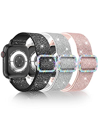 LETOID Stretchy Bands for Apple Watch Band Women Men Adjustable Solo Loop | Skin-Friendly Elastic Nylon Replacement Strap, iWatch Series 11 10 9 8 7 6 5 4 3 2 1 SE Ultra 49 46 45 44 42 41 40 38mm - color: 3-Pack: Black / Pink / Silver-White, size: 44mm/45