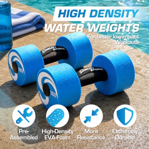 Sunlite Sports Water Weights Pool Exercise Dumbbells, Water Aerobic Equipment, High-Density EVA-Foam Dumbbell with Handle Strip, Aqua Therapy, Pool Fitness, Water Exercise, Set of 2 - color: Blue Performance, size: Large