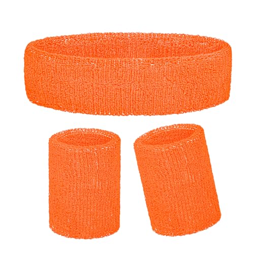 Sucrain 3 Pieces Sweatbands Set, 1 Pieces Sports Headband and 2 Pieces Wristbands,Wicking Sweat Head Band for Youth Womens Men - color: Orange