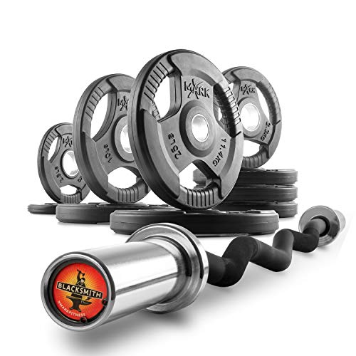 XMark Olympic Bar Curl Bar with Weights Offer, Olympic Weights Pair or Set of TRI-GRIP Olympic Weight Plates, Premium Quality, Rubber Coated XM-3377 with EZ Curl Bar, Black Manganese 28mm BLACKSMITH - color: 05) BAR and 95 lb Set
