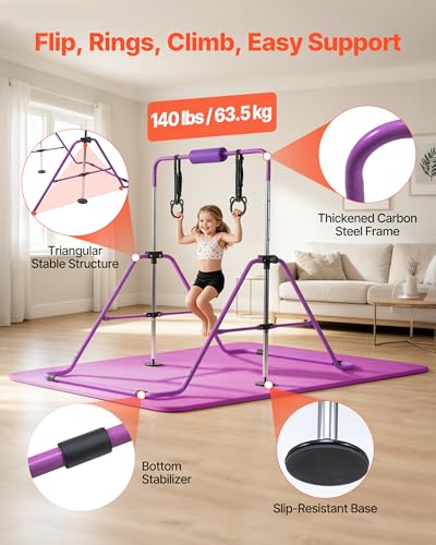VEVOR Gymnastic Bars for Kids, 140 lbs Capacity Folding Training Kip Bar with Mat, 5 Adjustable Height Gymnastic Horizontal Bar Home, Training Equipment for Indoor Outdoor, Easy Assemble - color: Purple Mat