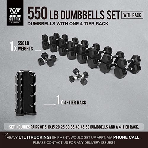 WF Athletic Supply Rubber Encased Hex Dumbbells with Rubber Grip Contoured Handle for Muscle Toning, Strength Building & Full Body Workout - color: x. 550LB Dumbbell Set w/ 4-Sided Vertical Rack