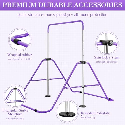 Expandable Gymnastics Bars with Ring, Adjustable Height Gymnastic Horizontal Bars, Gym Junior Training Bar Children Folding Training Monkey Bars for Kids - color: Mat+Purple