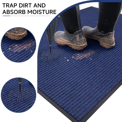 100pointONE Front Door Mat, Heavy Duty Indoor Outdoor Doormat, 48" x 24" Low Profile Outdoor Mats for Home Entrance, Stain and Fade Resistant Shoe Scraper Mat, Ideal for High Traffic Area, Blue - color: Blue Striped, size: 2' x 4' (Rectangular)