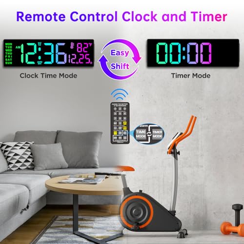 Soobest 14.2 Inch Electric Digital Wall Clock, LED Large Display | Date, Day, Temp, 8-in-1 Color Changing Big Clock for Elderly, Auto DST, Remote Control Timer for Living Room Classroom Gym - color: 14.2” Multicolor