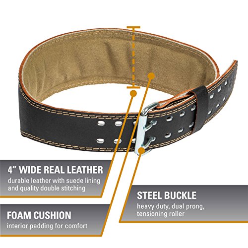Harbinger Padded Leather Contoured Weightlifting Belt - 4" or 6” Width - Interior Suede Lining & Foam Cushioning - Heavy-Duty Dual Prong Steel Roller Buckle - for Lifting Support - size: Large, style: 4 Inch
