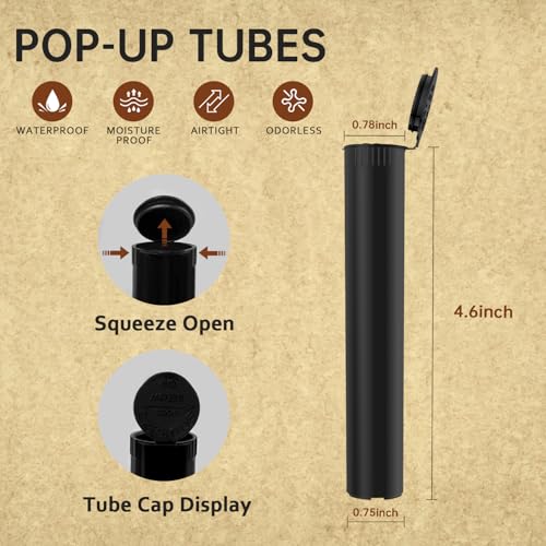 LaSyL 116mm Pre Roll Tubes, Waterproof Airtight Odor Sealing Smell Proof Container with Squeeze Pop Top, BPA Free, Black