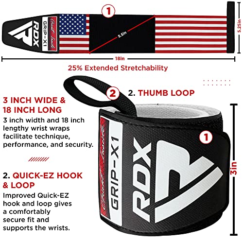 RDX Wrist Wraps for Weightlifting (Pair), IPL USPA Approved, Elasticated 18” Cotton Straps Support with Thumb Loop, Gym Wrap for Weight Lifting Powerlifting Competition Strength Training Bodybuilding - color: USA Flag