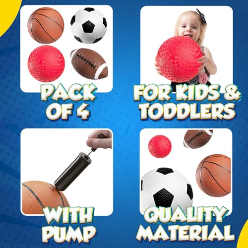 8.5” Sports Balls for Kids & Toddlers - (Pack of 4) Rubber Inflatable Multi-Sport Ball Set - Football, Soccer Ball, Basketball, Playground Ball & Pump - Birthday Gift Toys for Boys & Girls - color: Regular, size: 8.5 Inch