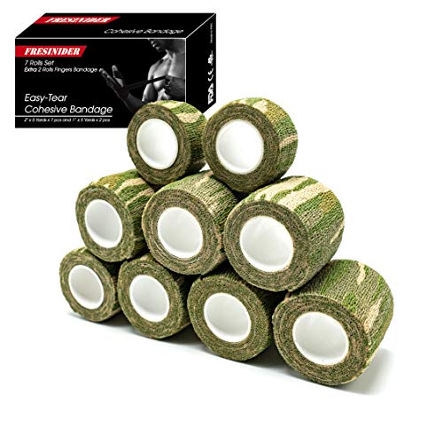 FRESINIDER 9 Rolls Self Adhesive Wrap Athletic Tape Gauze, Breathable Elastic Cohesive Bandage for Sports Injury & Pet (7 Pcs 2" x 5 Yards + 2 Pcs 1" X 5 Yards) (Forest Camo) - color: Forest Camo