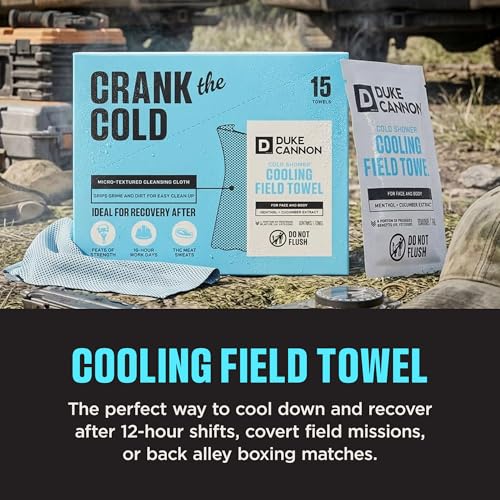 Duke Cannon Cold Shower Cooling Field Towels, 15 Count, 1 Box | Menthol, aloe and jojoba provide instant cooling and cleansing with 15 individually wrapped towels in a resealable pouch.