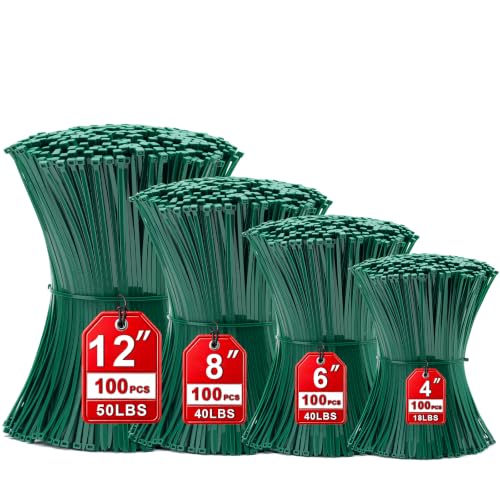 Zip Ties Assorted Sizes(4”+6”+8”+12”), 400 Pack, Green Cable Ties,Multi-Purpose Self-Locking Nylon Cable Cord Management,Plastic Wire Ties for indoor and outdoor use. - color: Green, size: 4+6+8+12-Inch(400PCS Set)