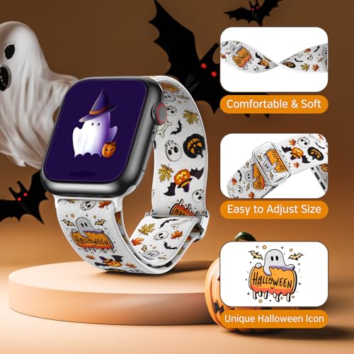 LETOID Stretchy Bands for Apple Watch Band Women Men Adjustable Solo Loop | Skin-Friendly Elastic Nylon Replacement Strap, iWatch Series 11 10 9 8 7 6 5 4 3 2 1 SE Ultra 49 46 45 44 42 41 40 38mm - color: Halloween: Pumpkins, Skeletons, Bats, size: 38mm/4