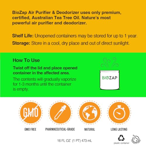 BioZap Air Purifier & Deodorizer (16-oz Jar) - Australian Tea Tree Oil Gel. Naturally Eliminates Odors in Basements, Crawlspaces, Gyms, Cars, Closets and More.
