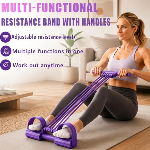 3 in 1 Adjustable Pedal Resistance Band, 10-Tube Multifunction Tension Rope | Pedal Resistance Band With Handle Suitable for Yoga, Pilates, Fat Loss, and Full-Body Shaping Workouts - color: Purple