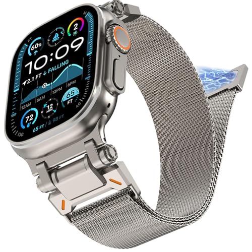 WINGLE Milanese Loop for Apple Watch Band Ultra 3/2/1 Band Ultra 49mm Series 11 10 46mm 45mm 44mm SE 3/2/1 Series 9 8 7 6 5 4 3 Men Women,Parachute-Style Buckle Stainless Steel Mesh Metal iWatch Bands - color: Magnetic Metal Mesh Loop-Titanium