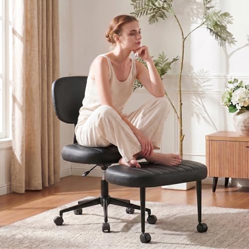 Cross Legged Office Chair with Wheels, 360 Swivel Height-Adjustable Meditation Chair with Lumbar Support, PU Leather, Black - color: Black, size: Oval Back