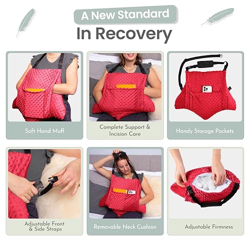 MOYOAMA Hysterectomy Pillow Post Surgery – Form-Fit Support Shield with Secure Straps, 2 Pockets, & Cozy Muff – After Hysterectomy Recovery Must-Haves, Post-Op C-Section Pillow Post Surgery Gifts - color: Bloom Red