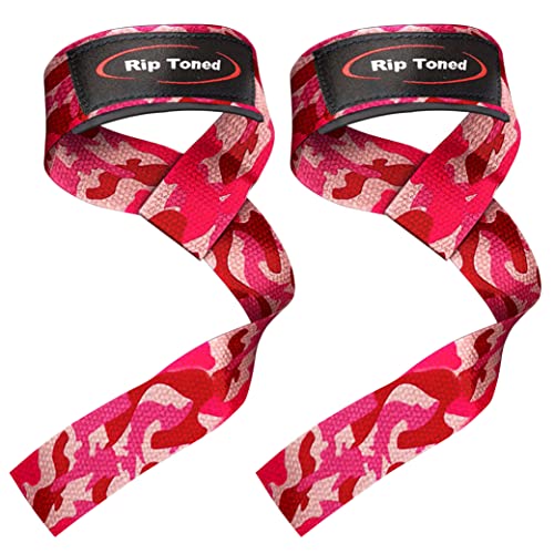 Rip Toned Lasso Lifting Straps for Weightlifting, 23¼" Padded | 1 Pair, cotton, non-latex neoprene. No break-in. Quick release. Deadlifts, rows, shrugs, pull-ups. Machine washable. - color: Pink Camo