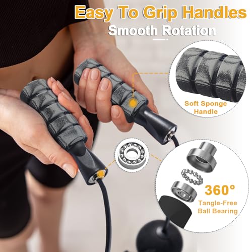 2 in 1 Jump Rope for Women Men and Kids - Tangle-Free Cordless Skipping Jump Rope with Ball Bearings and Foam Handles for Rapid Speed Fitness Workouts - color: Gray