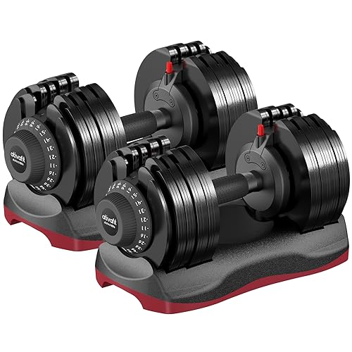 ATIVAFIT Adjustable Dumbbells Set, 5–88LB Quick Adjust Free Weights with Double Safety Lock & Anti-Slip Steel Handle, Space Saving Home Gym Equipment for Full Body Strength Training - color: 66LBS-Red, size: Pair