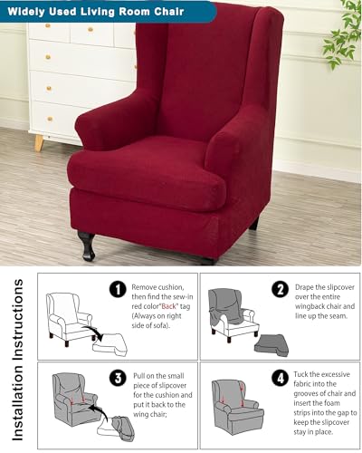CRFATOP 2 Piece Stretch Wingback Chair Cover Jacquard Wing Chair Slipcovers Spandex Fabric Wingback Armchair Covers with Elastic Bottom for Living Room Bedroom Wingback Chair,Burgundy - color: Color C26-burgundy
