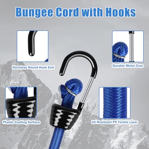 Marine Grade Bungee Cord with Plastic Dip Coating Metal Hooks 72 inch Blue,4 Pack 10mm Bungee Cord Heavy Duty, UV Resistant - color: Blue, size: 72 inch