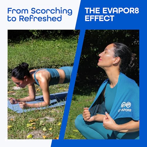 Evapor8 Cooling Towels with 2 Silicone Cases, 4 Pack, UPF 50 | Neck and face towel, snap-activated fabric for extreme heat, gym workouts, running, hiking, travel and beach days, 40” x 12”
