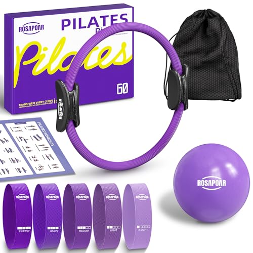 ROSAPOAR Pilates Essentials Kit for Women, Pilates Ring Set - 14" Magic Circle with Yoga Ball & Resistance Bands – Pilates Kit for Home Workouts, Toning & Core Sculpting Pilates Equipment - color: Purple