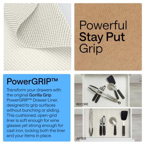 GORILLA GRIP powerGRIP Drawer Shelf and Cabinet Liner, Thick Strong Hold, Non-Adhesive Liners Protect Kitchen Cabinets and Cupboard, Bathroom Drawers, Easy Install, Breathable Mat, 12" x10' Snow White - color: Snow White, size: 12" X 10', style: 12" x 10'
