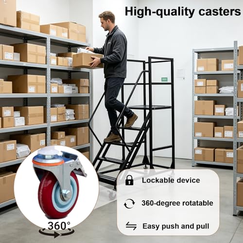 6 Step Rolling Warehouse Step Ladder, Industrial Mobile Staircase on Wheels, 1100Lbs Weight Capacity, Heavy Duty Mobile Platform Ladder with Handrails, Suitable for Warehouse, Library (Black, 6 steps) - color: Black