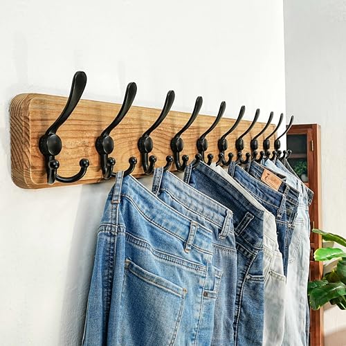 Dseap Coat Rack Wall - Heavy-Duty 38-1/4" Long, with Reinforced 10 Custom Tri-Hooks, Solid Wood Wall Hanger for Coats Hat Jackets - Rustic Farmhouse Entryway Hallway Storage, Weathered Brown & Black - color: Weathered Brown & Black, size: L=38.3"