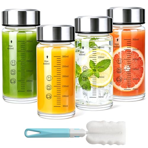 12oz Glass Juice Bottles, 4 Pack | Leakproof stainless steel lids, BPA-free heat resistant glass jars, perfect for juice, smoothies, milk and protein beverages