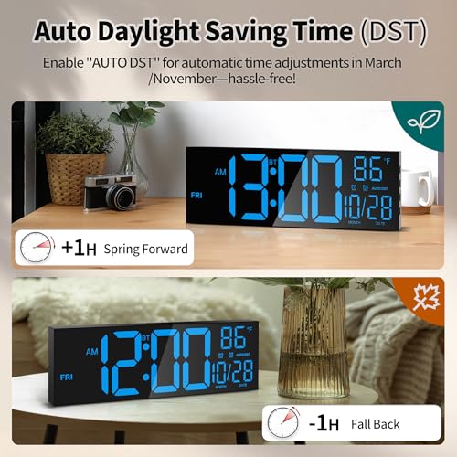 16.5" Digital Wall Clock with Bluetooth Auto-Sync, Large LED Display, Smart Auto Dimming, DST, Remote Control, Night Light, Date & Temperature for Living Room,Black - color: Balck-blue