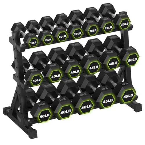 HANDBODE Dumbbell Set with 3-Tier Rack, 390-790 lb | Heavy Duty Weight Stand for Dumbbells, Space-Saving Metal Storage Organizer, Sturdy Dumbbell Holder for Home Gym - style: 700 lb Set (15-65 lb) *2 & Rack