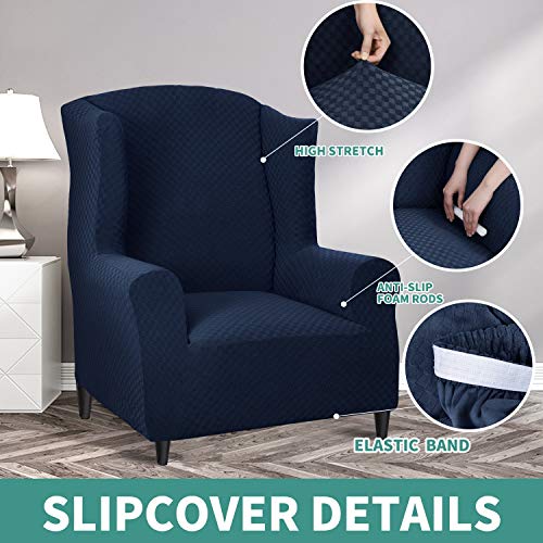 YEMYHOM 1 Piece Stretch Wingback Chair Slipcover Latest Jacquard Design Wing Chair Cover Non Slip Furniture Protector with Foam Rods for Living Room (Wing Chair, Navy) - color: Navy, size: 1 Pack - Wing Chair