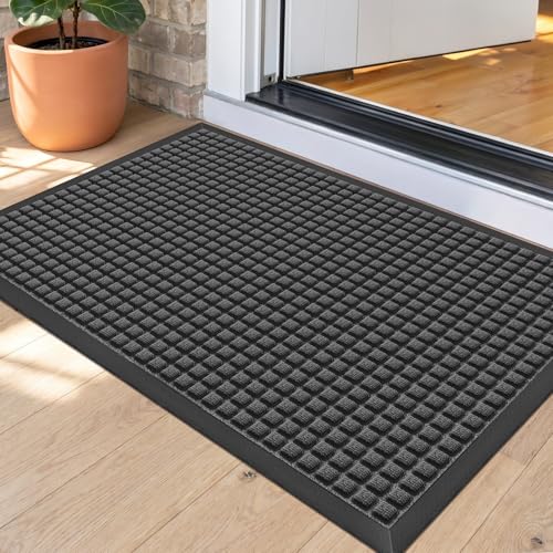 Front Door Mat Outside Entrance, Heavy Duty Waterproof Doormat | 29.5"x17" Indoor/Outdoor Dirt Trapper with Non-Slip Rubber Backing, Low Profile Easy Clean, Stain & Fade Resistant Grey - color: Grey, size: 1'5" x 2'6" (Rectangular)