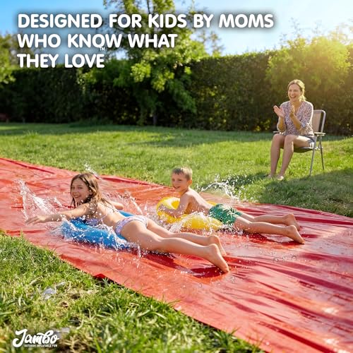 JAMBO 40Ft 3XL Updated Mega Slip Splash and Slide and 2 Bodyboards, Heavy Duty with Inflatable Crash Pad, Slide Splash Mat Outdoor Splash Mat n Backyard Water Toys - color: Blue, Green, Yellow