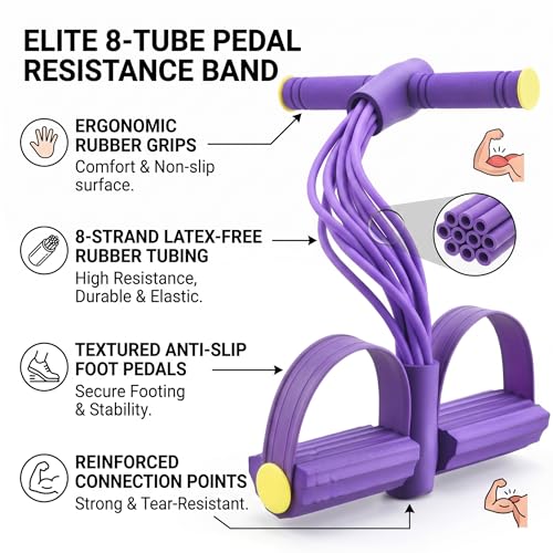 Pedal Resistance Band with Handle: Multifunction Foot Pedal Exercise Bands for Working Out - 8-Tube Rubber Up to 60 Lb - At Home Workout Equipment for Women - Abdomen/Waist/Arm/Leg