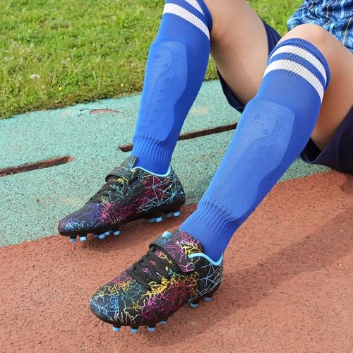 brooman Kids Firm Ground Soccer Cleats Girls Football Cleats with Shin Guards and Soccer Socks - color: Black Blue, size: 5 Big Kid