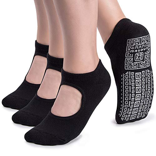 unenow Non Slip Grip Yoga Socks for Women with Cushion for Pilates, Barre, Home - color: 3 Pairs-3 Black