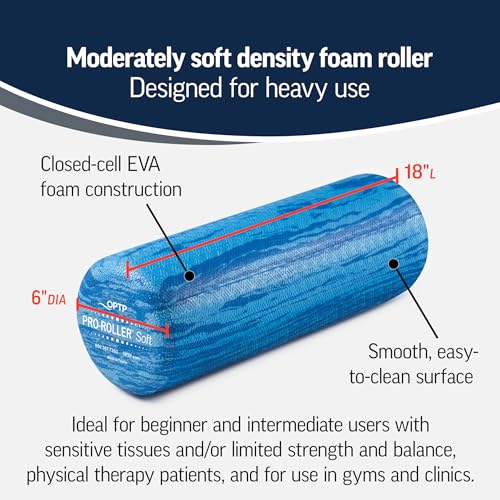 OPTP PRO-Roller Soft Density Foam Roller – Round, Short Blue, 18" x 6" | Low density soft foam roller for physical therapy, Pilates, yoga foam roll exercises, and muscle recovery, blue 18" x 6" - color: Blue 18" X 6" Short Round Roller