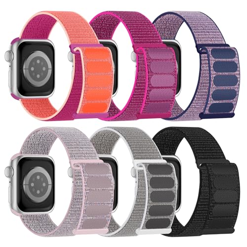 6 Pack Sport Nylon Loop Band Compatible with Apple Watch Band 38mm 40mm 41mm 42mm 44mm 45mm 46mm 49mm for Women Men, Adjustable Breathable Braided Straps for iWatch Series 11/10/9/8/7/6/5/4/3/SE/Ultra - color: Wistaria/Pitaya/Pomegranate/Pink Sand/Sea She