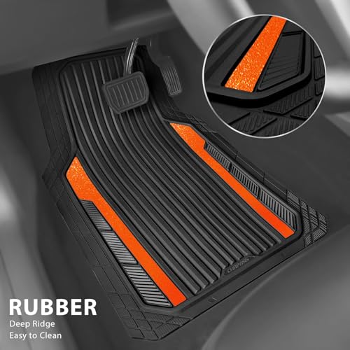 CAR PASS Heavy Duty Rubber Car Mats Metallic, Aluminum Film All Weather Floor Mats Waterproof Universal Trim to Fit SUVs Sedans Vans 4 Piece Anodized Deep Dish Two-Tone Sporty Black Orange Chrome - color: Black Orange
