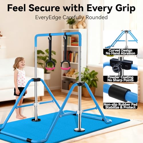 WATBKHE Gymnastics Bar Adjustable & Foldable Training Kip Bar with Rings and Mats, Sturdy Gymnastics Horizontal Bar, Gymnastics Equipment for Home Practice, Blue